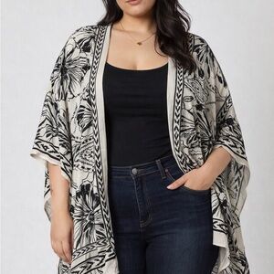 Oversized Black & Cream Floral Kimono | Boho Layering Duster OS